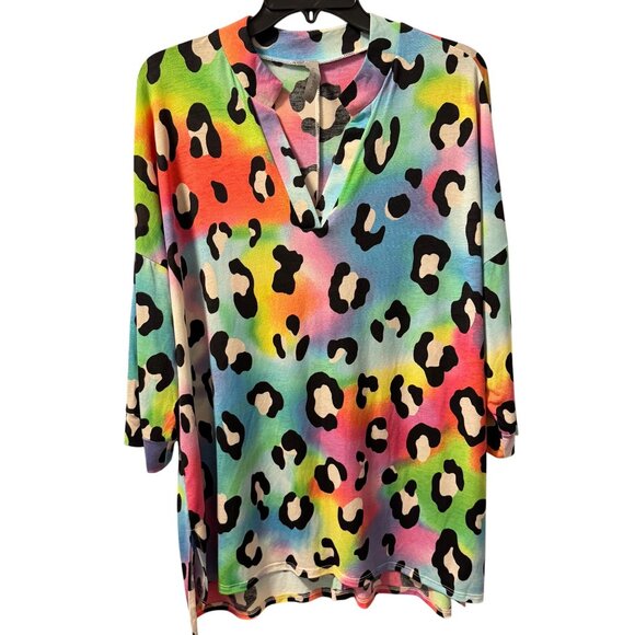 HoneymE Curvy Rainbow Leopard Print Top Sz XL blouse tunic multi - Picture 1 of 12